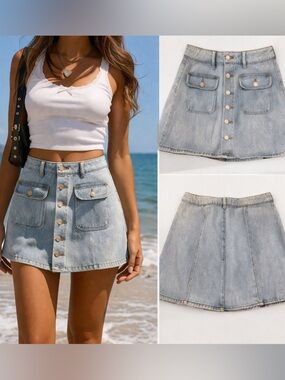 PacSun Denim Mini Skirt Waist Size 27 Button Front Utility Pockets Y2K